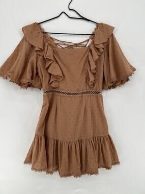 Mable Swiss Dot Mini Dress Womens Large Camel Ruffle Sleeve Lace Up Back Boho